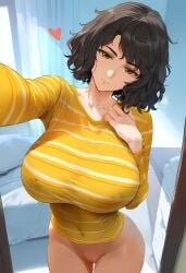 ai_generated big_breasts bottomless brown_hair covered_nipples erect_nipples erect_nipples_under_clothes large_breasts lungart nipple_bulge nipples nipples_visible_through_clothing persona persona_5 sadayo_kawakami selfie short_hair skin_tight tight_clothing tight_shirt