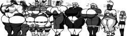 9girls black_dahlia cleavage double_(skullgirls) filia_(skullgirls) fukua_(skullgirls) huge_ass huge_breasts huge_thighs lineup looking_at_another mini_giantess multiple_girls nadia_fortune nosebleed painwheel peacock_(skullgirls) robo-fortune skullgirls splitendsss squigly tall_female taller_girl thunder_thighs voluptuous wide_hips