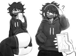 1boy ? artist_name ass black_hair black_hoodie black_legwear black_mask black_panties doomer_boy drawstring duplicate english_commentary femboy greyscale hand_in_pocket headphones highres holding holding_phone hood hood_down hoodie long_hair long_sleeves looking_at_viewer male_focus mask meme monochrome mouth_mask ms_pigtails multiple_views panties phone simple_background thighhighs underwear white_background wojak_comics