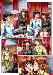 1girls 2boys bbmbbf bed bedroom brown_hair clothed comic dialogue english_text female glasses gryffindor gryffindor_tie harry_james_potter harry_potter hermione_granger hogwarts_school_uniform human indoors kissing_cheek male necktie pajamas palcomixvip.com red_hair ron_weasley school_uniform skirt speech_bubble text witch_(harry_potter)