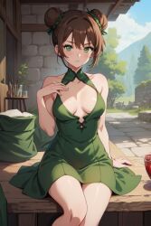 ai_generated anime bare_shoulders brown_hair cleavage green_dress green_eyes medieval petite