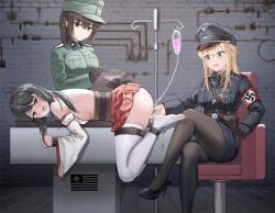 3girls ass belt_bondage black_hair blonde_hair blue_eyes bondage brown_hair crossed_legs enema fingering gloves hat heels iv_bag laying_down military_uniform nazi on_stomach open_mouth pussy_juice pussy_juice_drip restrained sadism sideboob skirt stockings swastika thighs tied_to_table uniform watching yuri yuyou_(17089184)