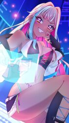 1girls black_gloves breasts cleavage dark-skinned_female dark_skin earrings female fingerless_gloves gloves grin heart hologram jacket jewelry large_breasts long_hair looking_at_viewer multicolored_hair navel pink_hair smile solo tattoo virtual_youtuber yfu_baby