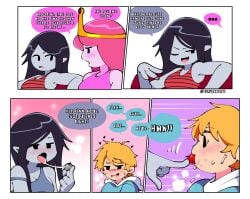 1boy 2girls adventure_time blush cartoon_network cherry comic comission drool drool_string finn_the_human flustered marceline princess_bubblegum quavernsfw saliva saliva_trail sweating tagme