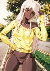 1girls ai_generated brown_eyes dark-skinned_female dark_skin female foxy_(milkywayarts) hand_on_head long_hair milkywayarts no_panties original original_character pink_hair pixai pussy small_breasts smiling solo yellow_shirt