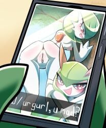 ambiguous_gender anus blush dustedpollen electronics eyeshadow female flustered gallade gardevoir generation_3_pokemon generation_4_pokemon genitals hi_res holding_leg holding_object holding_phone holding_tree kirlia looking_down_at_another makeup message nintendo nipples phone plant pokemon pokemon_(species) pussy smug tree