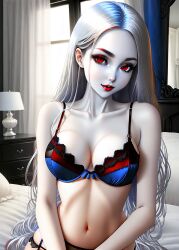 ai_generated amelia_(dainty) breasts cleavage daywalker garter_straps lingerie lipstick long_hair looking_at_viewer makeup pale-skinned_female pale_skin petite petite_female posing posing_for_the_viewer red_eyes sultry_eyes tight_fit toned undead vampire vampire_girl white_hair