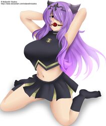 1girls alternate_costume alternate_version_available arms_behind_head artist_name ball_gag bare_midriff big_breasts camilla_(fire_emblem) cheerleader deviantart_username eyebrows_visible_through_hair female female_focus female_only fire_emblem fire_emblem_fates gag hair_ornament hair_over_one_eye horns kneeling legs_apart long_hair looking_at_viewer nidavellirstudios nintendo plain_background pleated_skirt purple_eyes purple_hair socks solo solo_female white_background