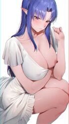 absurdres blue_eyes breasts cleavage collarbone covered_nipples dress elf fate/stay_night fate_(series) female highres large_breasts looking_at_viewer medea_(fate) nipples pointy_ears rororo simple_background solo white_background white_dress