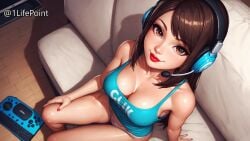 1lifepoint ai_generated brown_eyes brown_hair busty cleavage from_above gamer_girl headphones headset highres lipstick looking_at_viewer looking_up panties red_lipstick sitting tank_top wallpaper