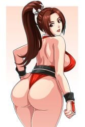 arm_guards artist_name ass back bare_shoulders breasts brown_eyes brown_hair character_name commentary copyright_name english_commentary fatal_fury female from_behind grin high_ponytail king_of_fighters looking_back mai_shiranui ninja obi parted_bangs patreon_username pelvic_curtain photoshop_(medium) ponytail revealing_clothes rope sano-br sash sideboob smile solo thighs watermark web_address