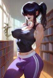 1futa ai_generated areolae arms_behind_back ass bangs big_ass big_breasts big_butt black_hair black_lipstick black_topwear blush breasts bulge bulge_through_clothing clothed clothing covered_eyes curvaceous curvy curvy_figure depth_of_field detailed_background erect_nipples erection erection_under_clothes eyes_covered futa_only futanari goth goth_futa goth_girl gym_leader hair_over_eyes indoors large_breasts library light-skinned_futanari light_skin lipstick long_hair nipples nipples_visible_through_clothing no_bra penis phoenixeugene ponytail pose posing self_upload solo solo_focus solo_futa stable_diffusion standing thick_thighs thighs tight_pants yoga_pants