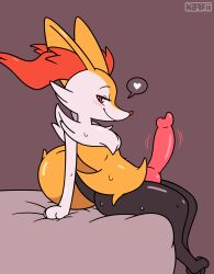 animal_genitalia animal_penis anthro bed bedroom_eyes big_penis blush blush_lines bodily_fluids braixen canine_genitalia canine_penis erection furniture futanari generation_6_pokemon genitals hand_on_bed heart_symbol hi_res kaffii looking_at_viewer narrowed_eyes nintendo on_bed penis pokemon pokemon_(species) seductive sitting smile solo speech_bubble sweat