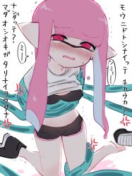 1girls bangs black_bra blunt_bangs blush bra breasts cleavage dolphin_shorts inkling inkling_girl japanese_text jellyfish_(splatoon) long_hair navel one_shoe one_shoe_on open_mouth pink_eyes pink_hair pointy_ears restrained shirt shirt_lift shorts splatoon splatoon_(series) tamanya tentacle tentacle_molestation tentacle_rape tentacles