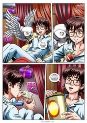 1boy bbmbbf bed bedroom clothed comic glasses harry_james_potter harry_potter hedwig human indoors male owl pajamas palcomixvip.com