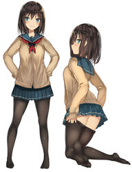 :d black_legwear blue_skirt blush brown_hair cardigan eyebrows_visible_through_hair female female foreshortening from_behind full_body green_eyes grin hands_on_hips in_profile kneeling kureha_(ironika) long_sleeves looking_at_viewer looking_back medium_hair miniskirt multiple_views neckerchief no_shoes open-mouth_smile open_mouth original pantyhose pleated_skirt red_neckwear short_hair simple_background skirt sleeves_past_wrists smile spread_legs teeth tsubasa_(kureha) undressing white_background