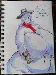 1girls anthro aunt_artica_(overlordzeon) bbw belly breasts huge_breasts original_character overlordzeon snowwoman text text_bubble thighs traditional_media_(artwork)