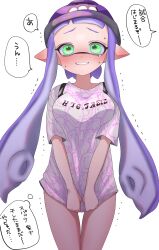 1girls beanie blush bottomless breasts covering_crotch female female_focus female_only green_eyes inkling inkling_girl japanese_text long_hair long_shirt looking_at_viewer purple_hair shirt shirt_only shirt_pull solo solo_female solo_focus splatoon splatoon_(series) splatoon_3 sweat tamanya tentacle tentacle_hair