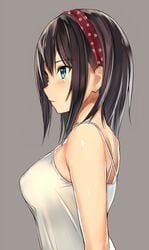 bare_shoulders blue_eyes blush breasts brown_background closed_mouth erect_nipples erect_nipples_under_clothes eyebrows_visible_through_hair female hairband in_profile kureha_(ironika) looking_away medium_breasts medium_hair original polka_dot simple_background sleeveless solo tsubasa_(kureha) upper_body