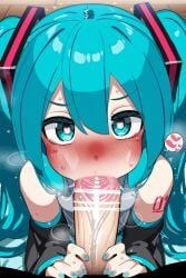 1boy 1girls ai_generated aqua_eyes aqua_hair big_penis blowjob blue_eyes blue_hair blue_nails blush close-up cute egirl eye_contact fellatio female fringe hatsune_miku heart-shaped_pupils imminent_deepthroat innocent long_sleeves long_twintails mizumizuni mouthful oral oral_sex pale-skinned_female petite pov shy skinny skirt slim sloppy_blowjob spoken_heart teenager twintails vocaloid young