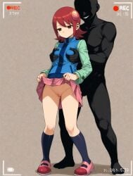 ai_generated blush capcom grabbing_breasts hypnosis mayl_sakurai mega_man mega_man_battle_network mind_control pussy sakurai_meiru skirt_lift