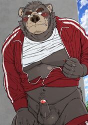 1boy 2021 anthro balls belly big_balls black_body black_fur blush bodily_fluids edit erection fur genitals hi_res humanoid_genitalia humanoid_hands humanoid_penis kemono male male_only mammal moobs nipples outside overweight overweight_anthro overweight_male penis ryuta-h solo sweat uncensored ursid