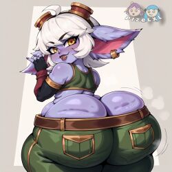 ai_generated cellulite chubby chubby_female dizelxl fat fat_ass googles league_of_legends league_of_legends:_wild_rift pierced_ears plump plump_ass plump_thighs purple_skin riot_games simple_background thick_ass thick_thighs tristana white_hair wide_hips yordle