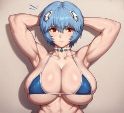 1girls ai_generated armpits big_breasts bikini blue_bikini blue_hair breasts expressionless female hands_behind_head human interface_headset large_breasts looking_at_viewer neon_genesis_evangelion pale-skinned_female pale_skin rei_ayanami short_hair smogai