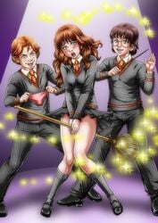 1girls 2boys bbmbbf blue_eyes blush broom broomstick brown_hair clothed embarrassed eyelashes fantasy female freckles glasses green_eyes grey_clothing gryffindor gryffindor_tie happy harry_james_potter harry_potter hermione_granger hogwarts_school_uniform holding_panties human indoors lipstick looking_down magic male mary_janes necktie open_mouth panties panties_removed pants red_hair red_lipstick ron_weasley school_uniform schoolgirl shiny_shoes shiny_skin shirt shocked shoes short_skirt skirt skirt_lift socks standing straight student teeth tie violet_background wand witch_(harry_potter)