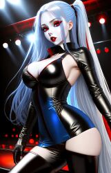 ai_generated amelia_(dainty) ass breasts cleavage cleavage_cutout leather lipstick long_hair looking_at_viewer makeup pale-skinned_female pale_skin posing posing_for_the_viewer red_eyes sultry_eyes tight_clothing tight_fit undead vampire vampire_girl white_hair