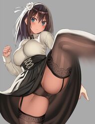 black_legwear black_panties black_skirt black_underwear blue_eyes blush breasts brown_hair clenched_hand collared_shirt corset female frown fully_clothed garter garter_straps kicking kureha_(ironika) large_breasts legwear lingerie looking_at_viewer original panchira skirt solo thigh_highs tsubasa_(kureha) underbust virgin_killer_outfit