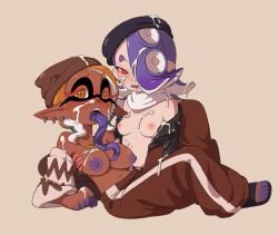 2girls big_breasts breasts breasts_out covered_in_cum female female_only frye_(chocolate) frye_(splatoon) inkling mostly_clothed multiple_girls octoling pinksaber shiver_(chocolate) shiver_(splatoon) small_breasts splatoon splatoon_3 tongue tongue_out