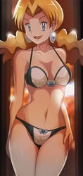 blonde_hair blue_eyes bow bow_bra bow_panties breasts earrings hand_on_hip human lingerie looking_at_viewer me_snowdon molly_hale navel nintendo open_mouth pokemon pokemon_(movie) pokemon_3:_the_movie_-_spell_of_the_unown:_entei pokemon_gsc smile thin_waist transformed underwear vivivoovoo