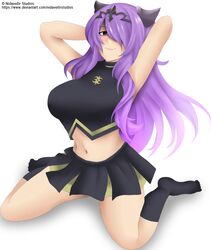 1girls alternate_costume arms_behind_head artist_name bare_midriff big_breasts camilla_(fire_emblem) cheerleader deviantart_username eyebrows_visible_through_hair female female_focus female_only fire_emblem fire_emblem_fates hair_ornament hair_over_one_eye horns kneeling legs_apart long_hair looking_at_viewer nidavellirstudios nintendo plain_background pleated_skirt purple_eyes purple_hair smile socks solo solo_female white_background