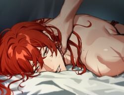 1boy arms_behind_back bed_sheet bound bound_wrists diluc_(genshin_impact) eriimyon gay genshin_impact hair_between_eyes hand_on_another's_nape hand_on_another's_neck long_hair looking_at_viewer lying male_focus nude on_stomach parted_lips red_eyes red_hair scar scar_on_arm sweatdrop teeth