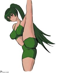 1girls bare_legs bare_thighs blush breasts female female_only fire_emblem fire_emblem:_the_blazing_blade green_eyes green_hair izumi_niche large_breasts legs long_hair lyn_(fire_emblem) nintendo partially_visible_vulva ponytail shorts smile solo splits sports_bra standing standing_split tank_top thighs vertical_splits very_long_hair white_background