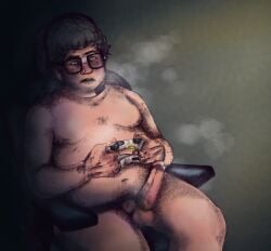 1boy brown_hair capcom chubby_male dead_rising dead_rising_3 erection gamer glasses kenny_dermot male_only nerd nude overweight overweight_male precum precum_drip