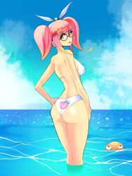 beach bikini bikini_bottom bikini_top cuddle_team_leader fashion_lace_(fortnite) fishstick_(fortnite) fortnite glasses hands_on_hips inugaami lace_(fortnite) looking_at_viewer looking_back looking_back_at_viewer multicolored_hair ocean shiny shiny_skin white_bikini