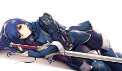 1girls 2017 blue_eyes blue_hair falchion_(fire_emblem) female female_only fire_emblem fire_emblem_awakening looking_at_viewer lucina_(fire_emblem) lying nintendo on_side solo sword thighs tiara tony_guisado weapon