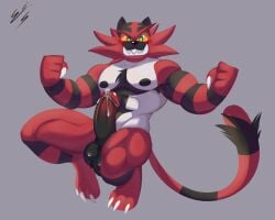 5:4 anthro balls blush bodily_fluids charlieleobo digital_media_(artwork) erection felid fur generation_7_pokemon genitals hi_res incineroar male male/male mammal muscular muscular_anthro muscular_male nintendo nipples nude penis pokemon pokemon_(species) red_body red_fur simple_background solo teeth