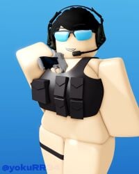 1girls 3d 3d_(artwork) arsenal_(rolve) big_ass big_breasts black_hair blue_background blue_glasses communicator_(rolve) desert_eagle glasses gun holding_object holding_weapon no_bra no_clothes no_panties no_pants object_between_breasts pistol roblox roblox_game robloxian rolve simple_background solo suggestive_look tagme thick_thighs twitter_username vest vest_only watermark yokurr34