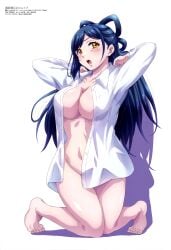 absurdres azuma_himari_(mato_seihei_no_slave) blue_hair breasts cleavage collared_shirt female highres knees_together_feet_apart large_breasts long_hair looking_at_viewer magazine_scan mato_seihei_no_slave megami_magazine naked_shirt navel official_art open_clothes open_mouth open_shirt scan shirt simple_background thighs white_background white_shirt yellow_eyes