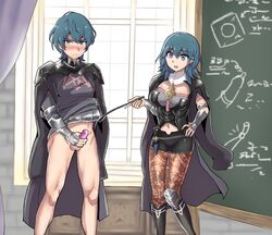 1boy 1girls azna big_breasts blackboard blue_eyes blush bottomless byleth_(fire_emblem) byleth_(fire_emblem)_(female) byleth_(fire_emblem)_(male) condom condom_on_penis dual_persona embarrassed exhibitionism fire_emblem fire_emblem:_three_houses leggings looking_at_viewer medium_hair multiple_persona nintendo open_mouth open_smile pointer pointing sex_education short_hair shorts smile teacher teaching teal_hair