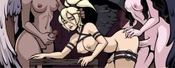 3futas angel animated bent_over big_breasts big_penis black_lips blonde_hair breasts dark-skinned_futanari erection feathered_wings from_behind futa_on_futa futa_only futanari futanari_masturbation highres holding human humanoid humanoid_penis large_breasts large_penis light-skinned_futanari light_skin masturbation medium_breasts multiple_girls nude overlewd penis ponytail sex smile testicles thick_thighs thigh_strap voyeur wide_hips wings