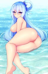 1girls aqua_(konosuba) blue_eyes blue_hair blue_hair_ornament breasts completely_nude female female_only foxykuro goddess hair_accessory hair_ornament kono_subarashii_sekai_ni_shukufuku_wo! light-skinned_female light_skin looking_at_viewer nipples on_water pussy solo water