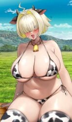 :3 ahoge arm_support bell bell_collar bikini blonde_hair collar cow_ears cow_girl cow_horns cow_print cow_print_bikini cute_fang elegg_(nikke) eyes_visible_through_hair farm female full-face_blush goddess_of_victory:_nikke hair_over_eyes hair_over_one_eye huge_breasts legwear nervous nervous_sweat raskasar sitting_on_bench skindentation thick_thighs wide_hips