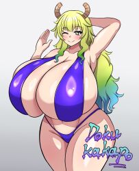 1girls alternate_version_available big_breasts bikini bikini_bottom bikini_top blonde_hair blue_bikini blush bottomwear breast_focus breasts cleavage codeorange162 female female_only hand_behind_head hips horns huge_breasts large_breasts long_hair massive_breasts mature mature_female mature_woman micro_bikini miss_kobayashi's_dragon_maid one_eye_closed quetzalcoatl_(dragon_maid) skimpy skimpy_bikini smile solo solo_female swimwear thighs topwear two_tone_hair yellow_eyes