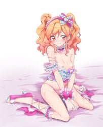 aikatsu!_(series) aikatsu_stars! areolae artist_request blush breasts female full_body kasuga_(artist) long_hair looking_at_viewer nijino_yume nipples orange_eyes orange_hair panties sitting small_breasts solo tears twintails underwear