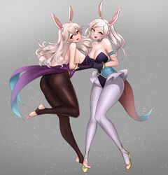 2girls alternate_costume animal_ears armband ass bangs barefoot big_breasts black_legwear breasts bunny_ears bunny_girl bunnysuit camilla_(fire_emblem)_(cosplay) choker cleavage corrin_(fire_emblem) corrin_(fire_emblem)_(female) cosplay feet female female_only fire_emblem fire_emblem_awakening fire_emblem_fates fire_emblem_heroes hairband hand_holding high_heels highres interlocked_fingers jaxartdump large_breasts long_hair lucina_(fire_emblem)_(cosplay) multiple_girls nintendo pantyhose platinum_blonde_hair playboy_bunny pointy_ears rabbit_ears red_eyes robin_(fire_emblem) robin_(fire_emblem)_(female) simple_background sleeveless soles toes twintails white_hair white_legwear yellow_eyes