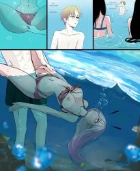 1boy 1girls 3girls air_bubbles bikini breasts breasts_out female long_hair male marima666_(artist) ocean penetration pink_hair stealth_sex underwater underwater_sex